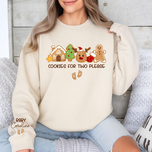 Cookies for Two Please Pregnancy Announcement Christmas Sweatshirt with Custom Baby Coraline Name Whimsical Cookie Design Mom to Be Holiday Gift