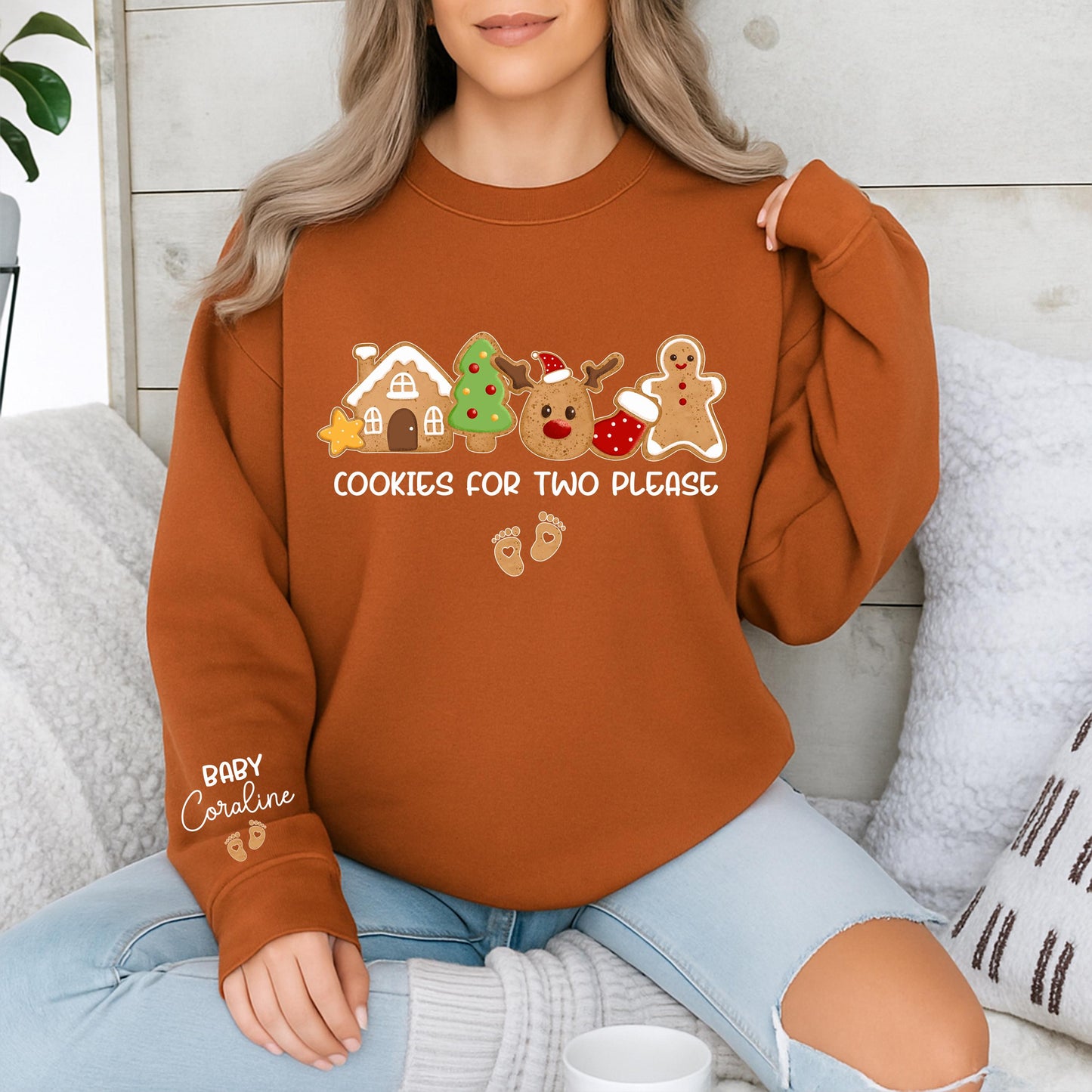 Cookies for Two Please Pregnancy Announcement Christmas Sweatshirt with Custom Baby Coraline Name Whimsical Cookie Design Mom to Be Holiday Gift