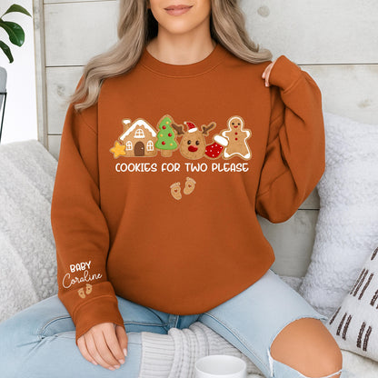 Cookies for Two Please Pregnancy Announcement Christmas Sweatshirt with Custom Baby Coraline Name Whimsical Cookie Design Mom to Be Holiday Gift