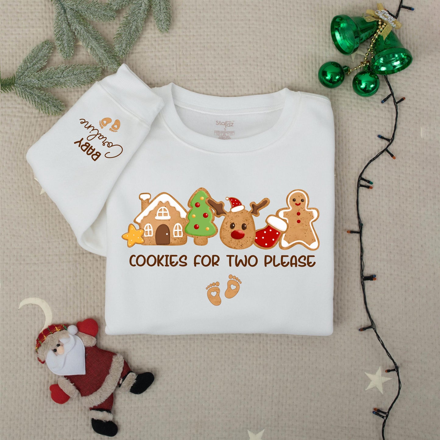 Cookies for Two Please Pregnancy Announcement Christmas Sweatshirt with Custom Baby Coraline Name Whimsical Cookie Design Mom to Be Holiday Gift