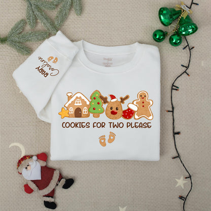 Cookies for Two Please Pregnancy Announcement Christmas Sweatshirt with Custom Baby Coraline Name Whimsical Cookie Design Mom to Be Holiday Gift