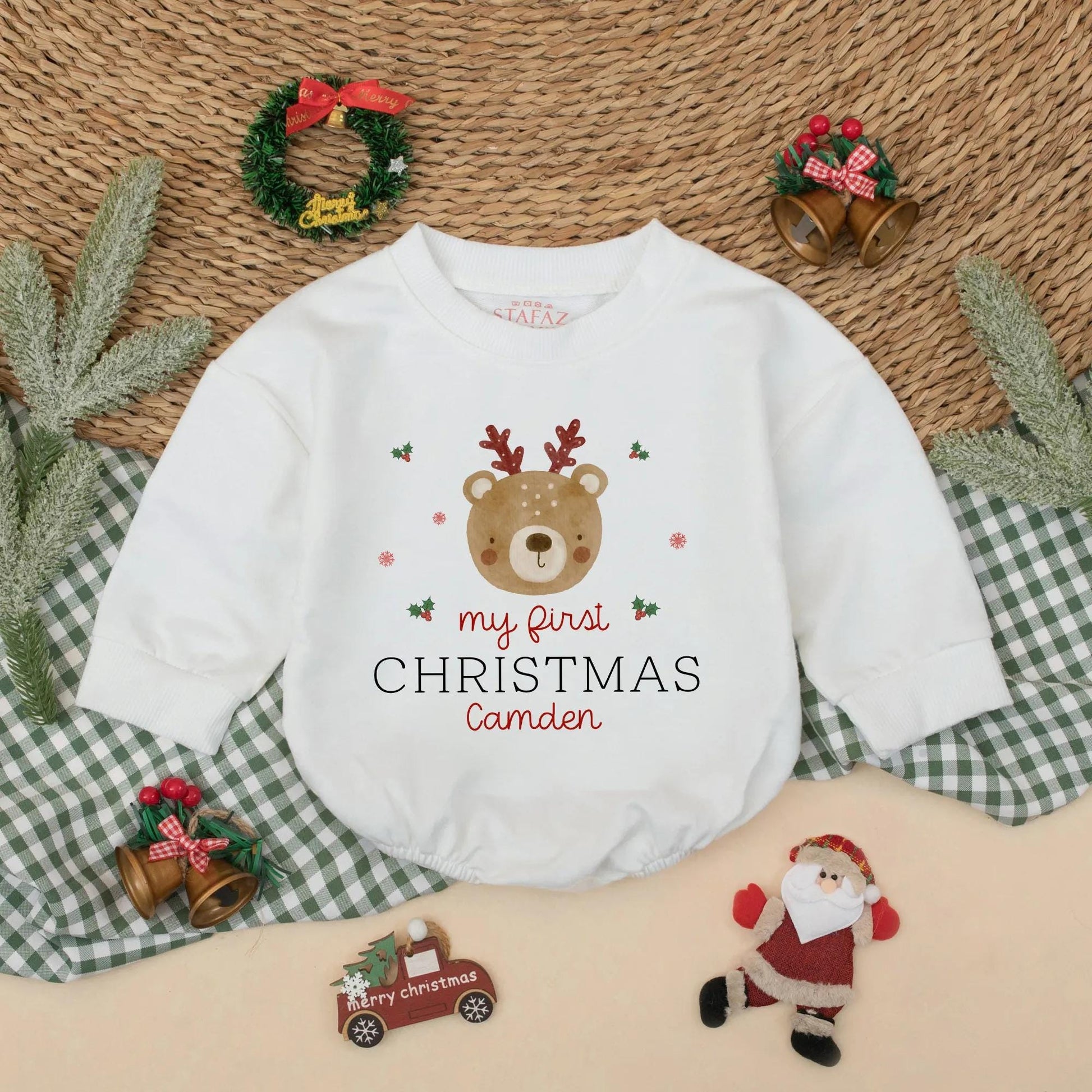 Custom Cute Bear First Christmas Romper Baby Boy Girl Toddler Newborn Holiday Coming Home Outfit Festive Red Green Holly Snowflakes Personalised Gift