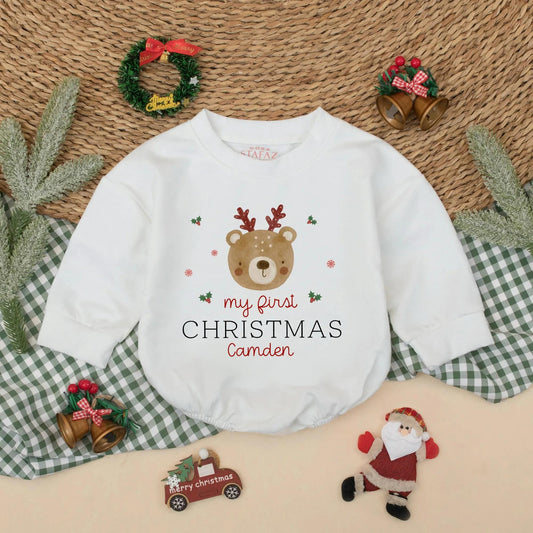 Custom Cute Bear First Christmas Romper Baby Boy Girl Toddler Newborn Holiday Coming Home Outfit Festive Red Green Holly Snowflakes Personalised Gift