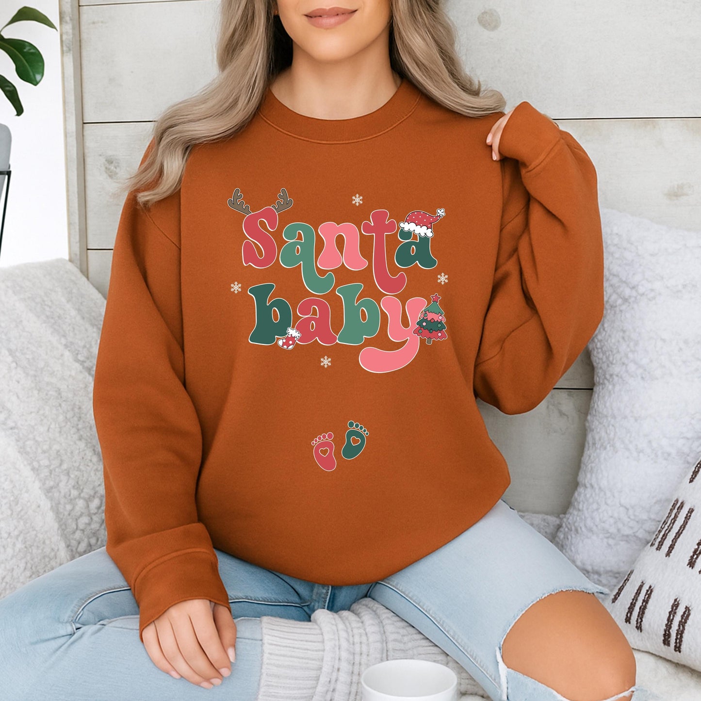Santa Baby Maternity Christmas Sweater Retro Pregnancy Announcement Sweatshirt Expecting Mom Holiday Outfit Vintage Xmas Baby Reveal Shirt, Comfy 138
