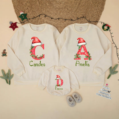 Personalized Matching Family Christmas Sweatshirt with Custom Letter Names Holiday Shirt for Mom Dad Kids Brother Sister Festive Gift