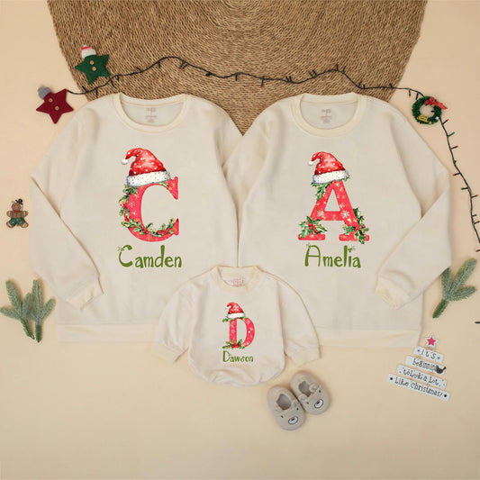 Personalized Matching Family Christmas Sweatshirt with Custom Letter Names Holiday Shirt for Mom Dad Kids Brother Sister Festive Gift