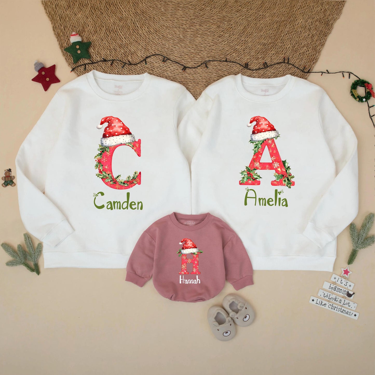 Personalized Matching Family Christmas Sweatshirt with Custom Letter Names Holiday Shirt for Mom Dad Kids Brother Sister Festive Gift
