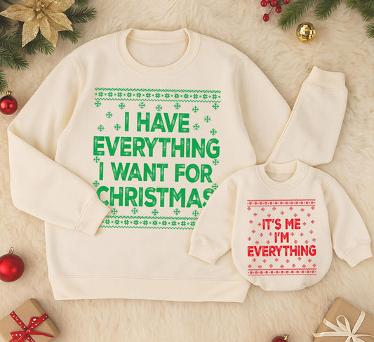 Mom and Baby Matching Christmas "I Have Everything I Want" Sweatshirt & "It's Me I'm Everything" Romper Set Cozy Knit Design