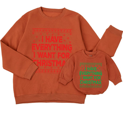 Mom and Baby Matching Christmas "I Have Everything I Want" Sweatshirt & "It's Me I'm Everything" Romper Set Cozy Knit Design
