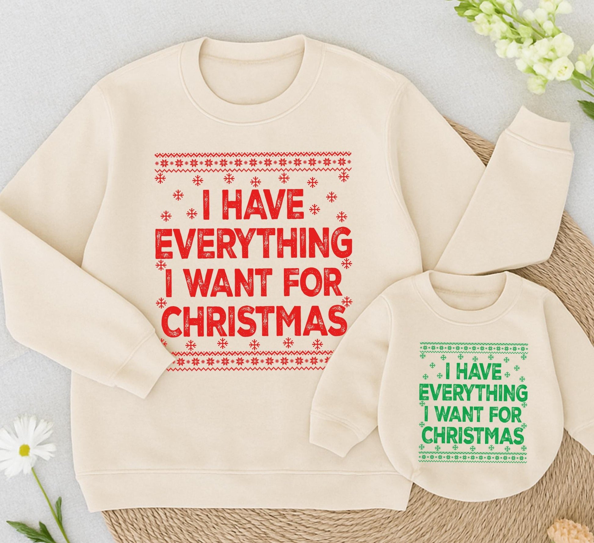 Mom and Baby Matching Christmas "I Have Everything I Want" Sweatshirt & "It's Me I'm Everything" Romper Set Cozy Knit Design