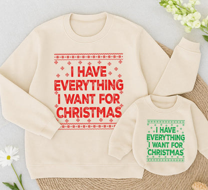 Mom and Baby Matching Christmas "I Have Everything I Want" Sweatshirt & "It's Me I'm Everything" Romper Set Cozy Knit Design