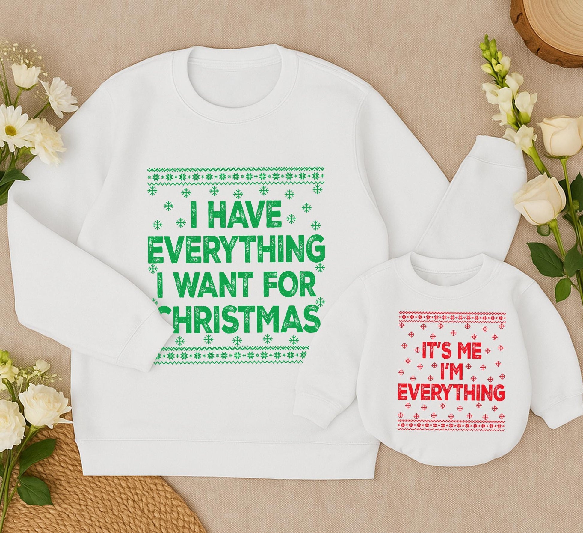 Mom and Baby Matching Christmas "I Have Everything I Want" Sweatshirt & "It's Me I'm Everything" Romper Set Cozy Knit Design