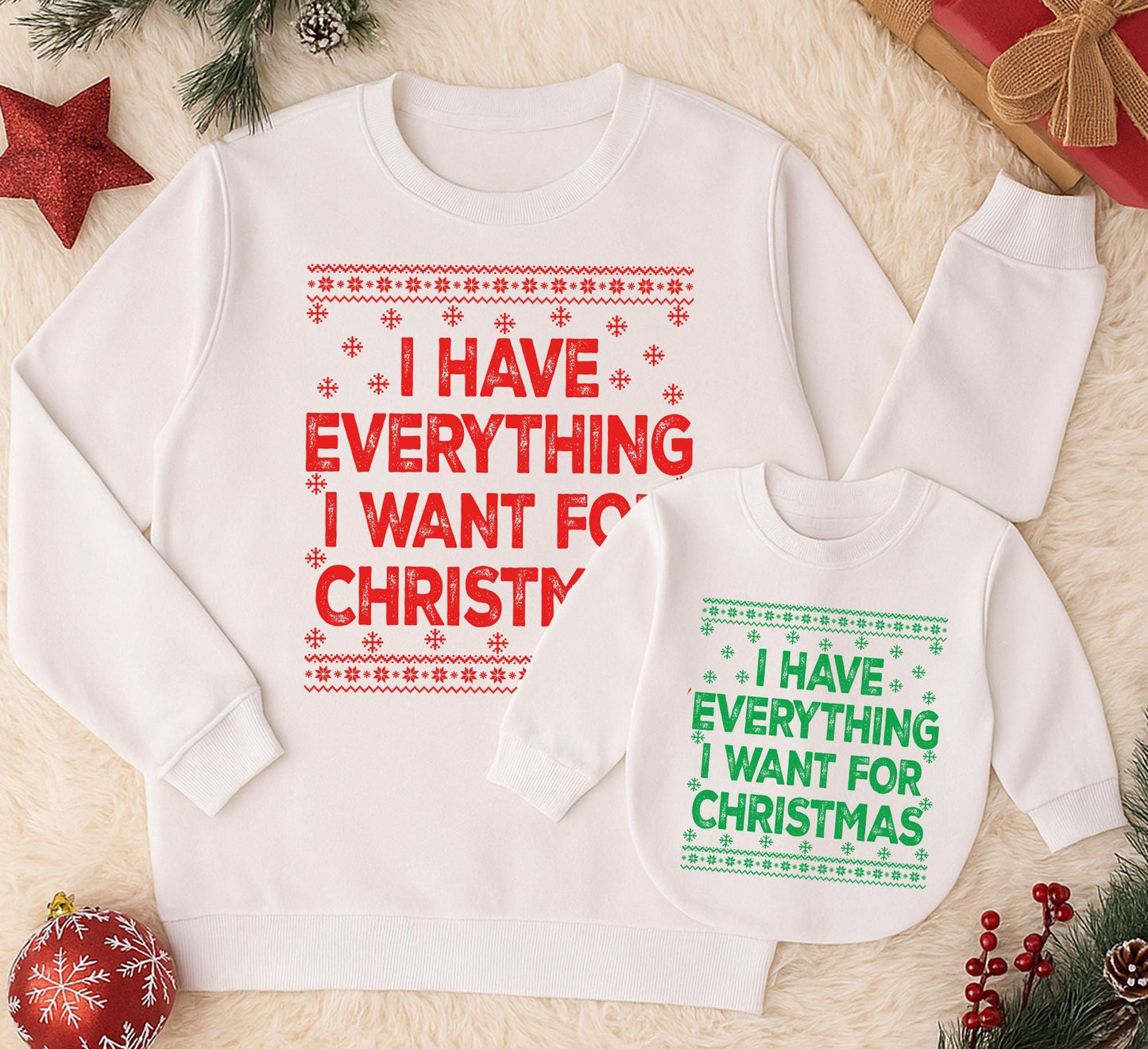 Mom and Baby Matching Christmas "I Have Everything I Want" Sweatshirt & "It's Me I'm Everything" Romper Set Cozy Knit Design
