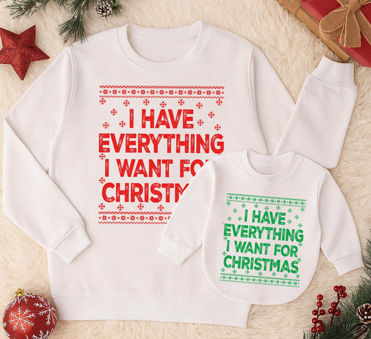 Mom and Baby Matching Christmas "I Have Everything I Want" Sweatshirt & "It's Me I'm Everything" Romper Set Cozy Knit Design