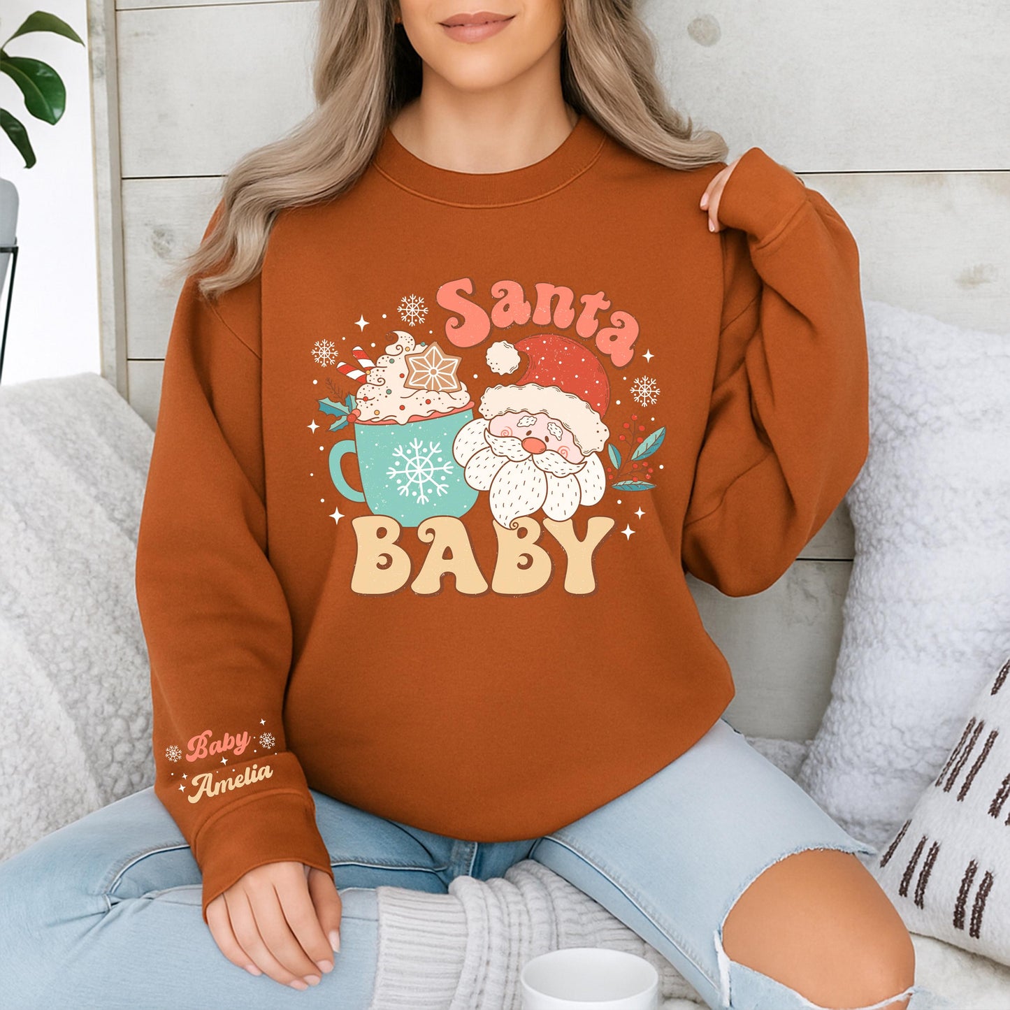 Personalized Retro Santa Baby Sweatshirt, Custom Name Holiday Crewneck, Cute Xmas Gift for Mom, Vintage Christmas Santa Claus Tee for Women's Outfit