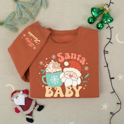 Personalized Retro Santa Baby Sweatshirt, Custom Name Holiday Crewneck, Cute Xmas Gift for Mom, Vintage Christmas Santa Claus Tee for Women's Outfit