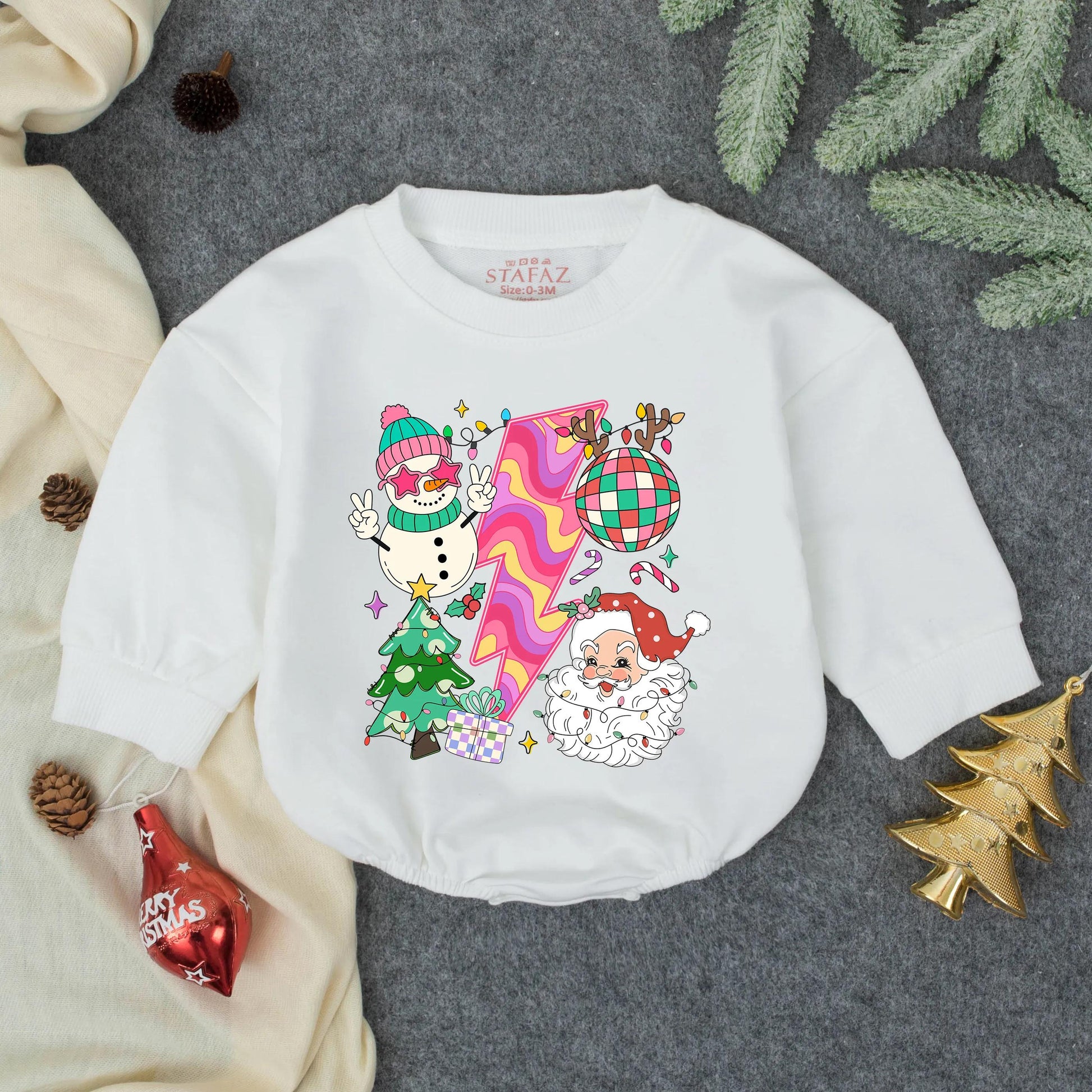 Retro Groovy Christmas Baby Romper 80s Vibe Vintage Holiday Outfit First Christmas Gift Idea Toddler Clothes Bubble Romper Soft and Comfy 137