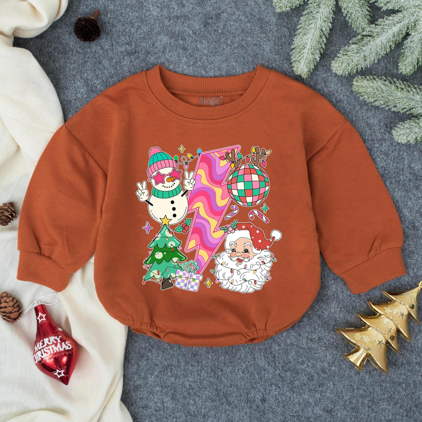 Retro Groovy Christmas Baby Romper 80s Vibe Vintage Holiday Outfit First Christmas Gift Idea Toddler Clothes Bubble Romper Soft and Comfy 137