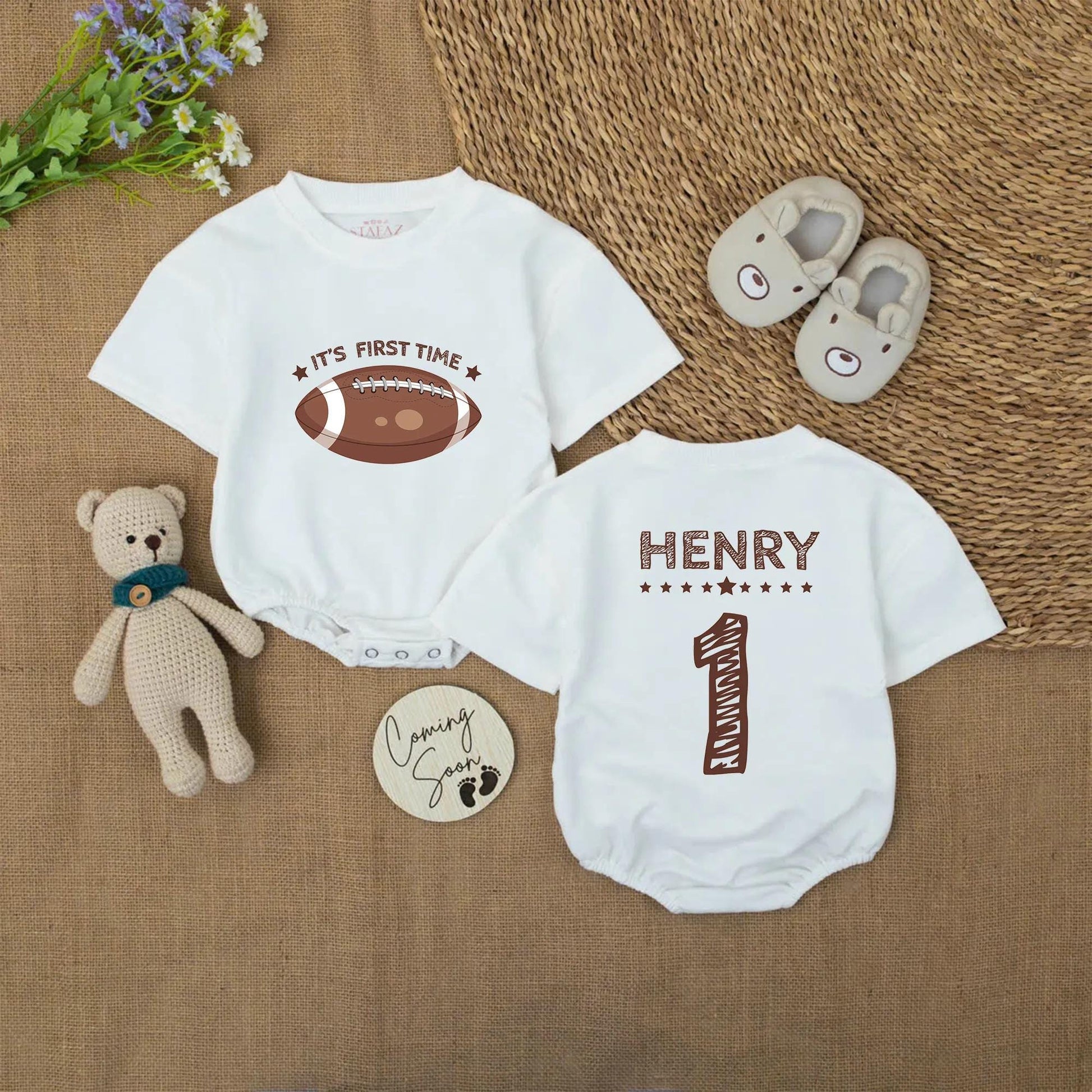 Football First Birthday Romper Set, Touchdown Outfit for Baby Boy, One Year Old Celebration, Gridiron Birthday Party Shirt, Adorable Photo Prop 139