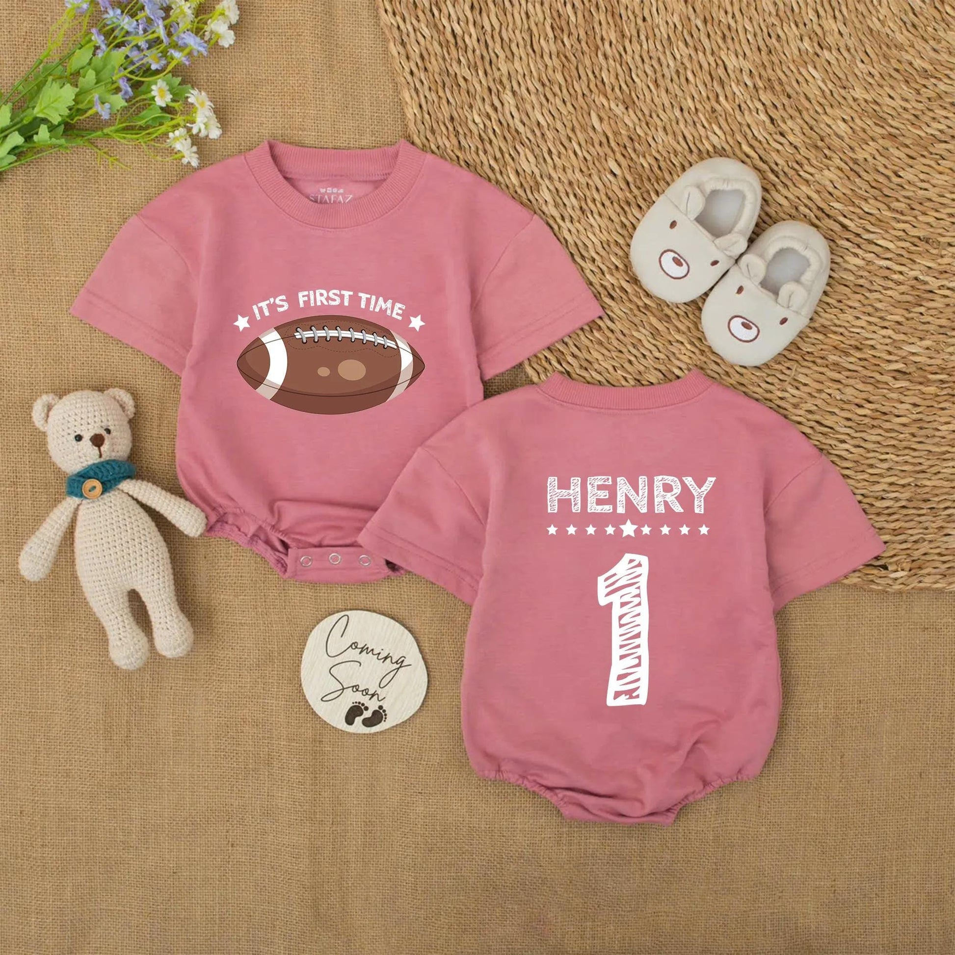 Football First Birthday Romper Set, Touchdown Outfit for Baby Boy, One Year Old Celebration, Gridiron Birthday Party Shirt, Adorable Photo Prop 139