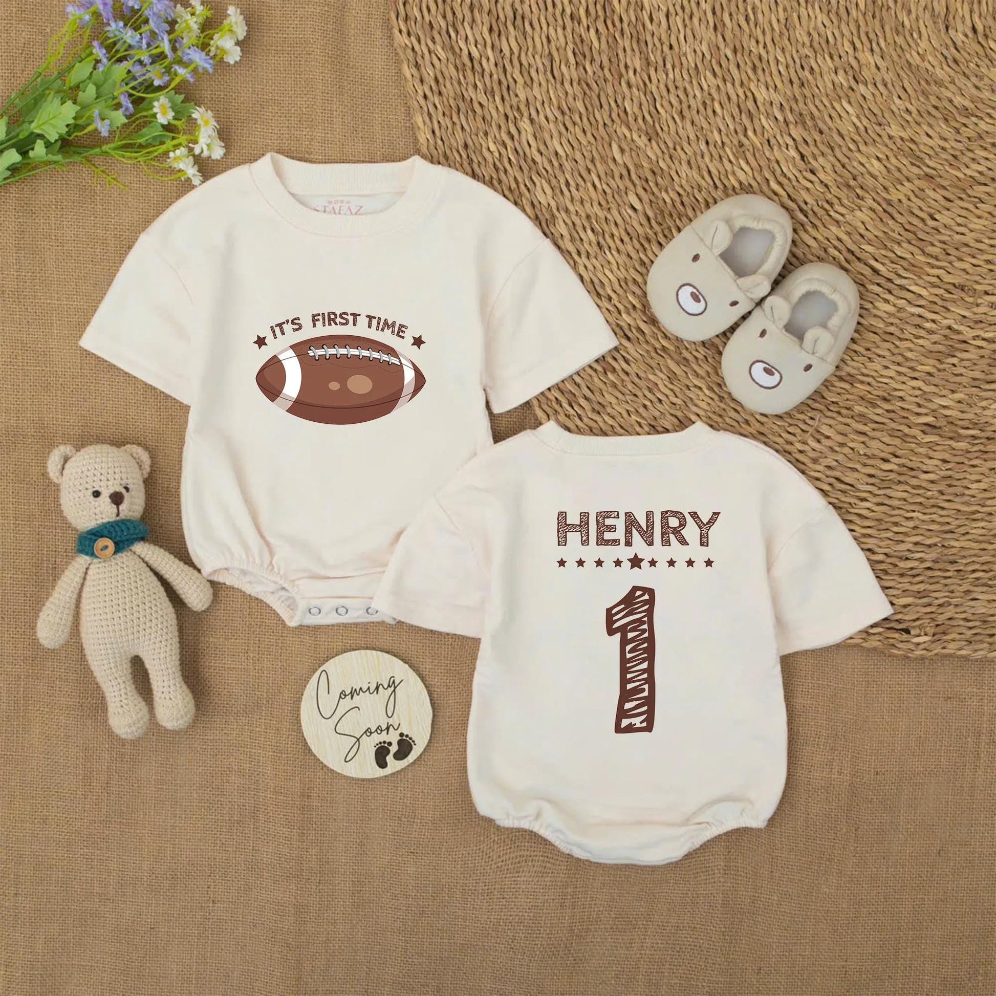 Football First Birthday Romper Set, Touchdown Outfit for Baby Boy, One Year Old Celebration, Gridiron Birthday Party Shirt, Adorable Photo Prop 139