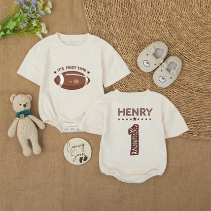 Football First Birthday Romper Set, Touchdown Outfit for Baby Boy, One Year Old Celebration, Gridiron Birthday Party Shirt, Adorable Photo Prop 139