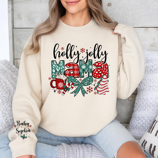 Personalized Baby Name Holly Jolly Mama Christmas Sweatshirt Festive Red Green White Leopard Print Snowflakes Mug Candy Cane Crewneck