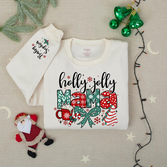 Personalized Baby Name Holly Jolly Mama Christmas Sweatshirt Festive Red Green White Leopard Print Snowflakes Mug Candy Cane Crewneck