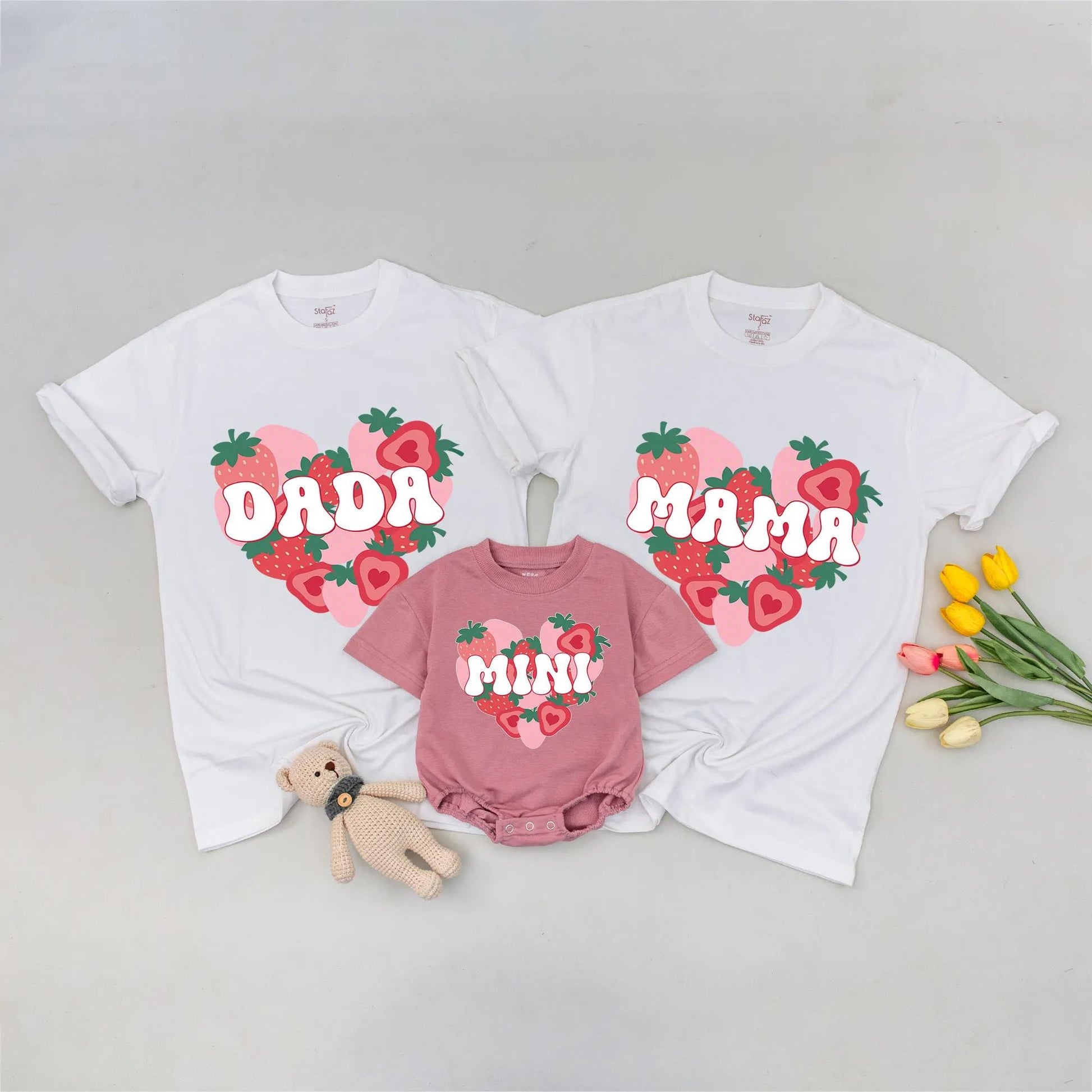Matching Strawberry Heart 1st Birthday Shirts: Mama Dada Mini Outfits, Berry Cute Family Tee Sets, Baby Girl Boy