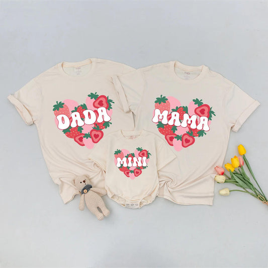Matching Strawberry Heart 1st Birthday Shirts: Mama Dada Mini Outfits, Berry Cute Family Tee Sets, Baby Girl Boy