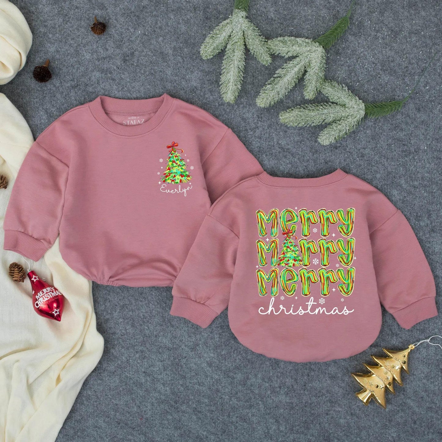 Everlyn's First Christmas Bow Romper Baby Girl Outfit Personalized Holiday Bodysuit Toddler Winter Gift Merry Christmas Balloons Snowflakes