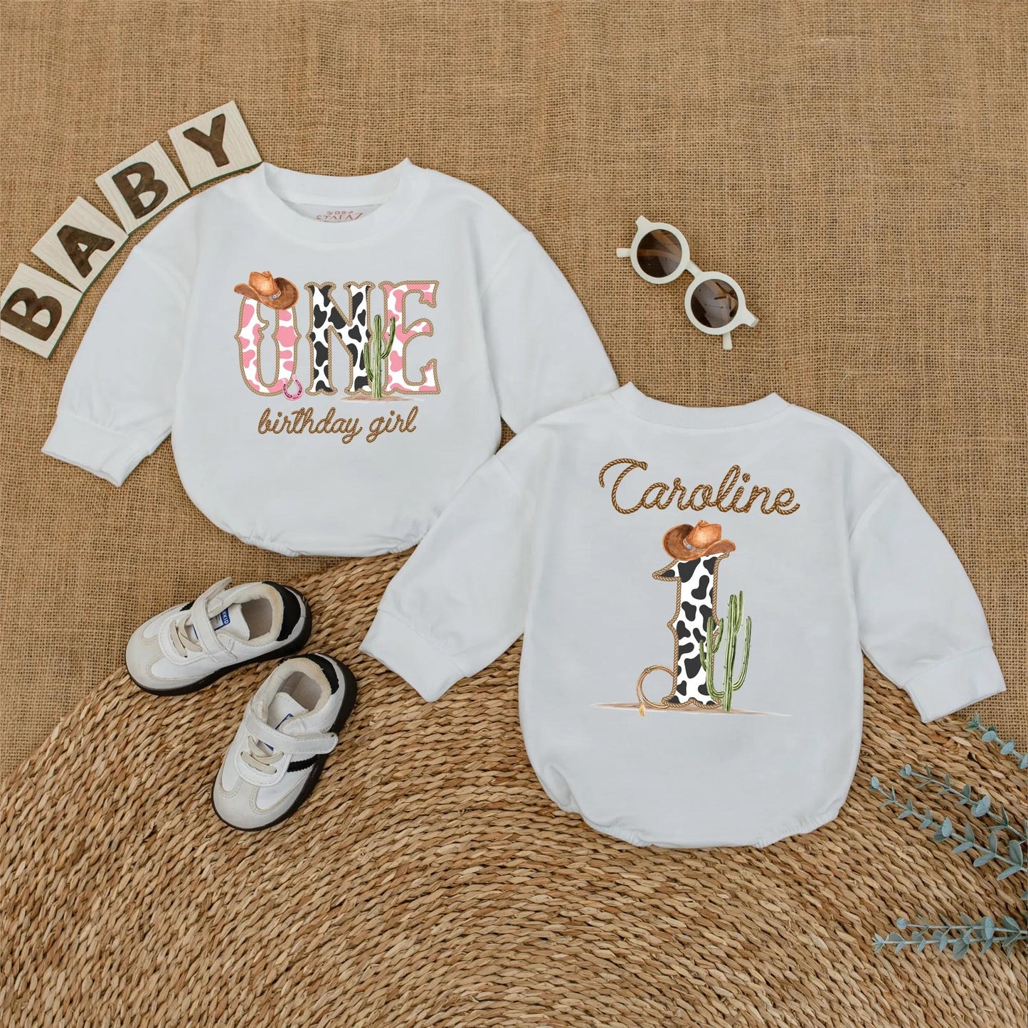 Cowgirl One Birthday Girl Romper, My First Rodeo Outfit, Western 1st Birthday Bodysuit with Cow Print ONE, Cowboy Hat, Cactus, Horseshoe Gift