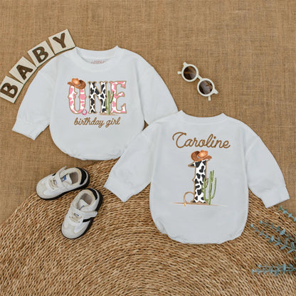 Cowgirl One Birthday Girl Romper, My First Rodeo Outfit, Western 1st Birthday Bodysuit with Cow Print ONE, Cowboy Hat, Cactus, Horseshoe Gift