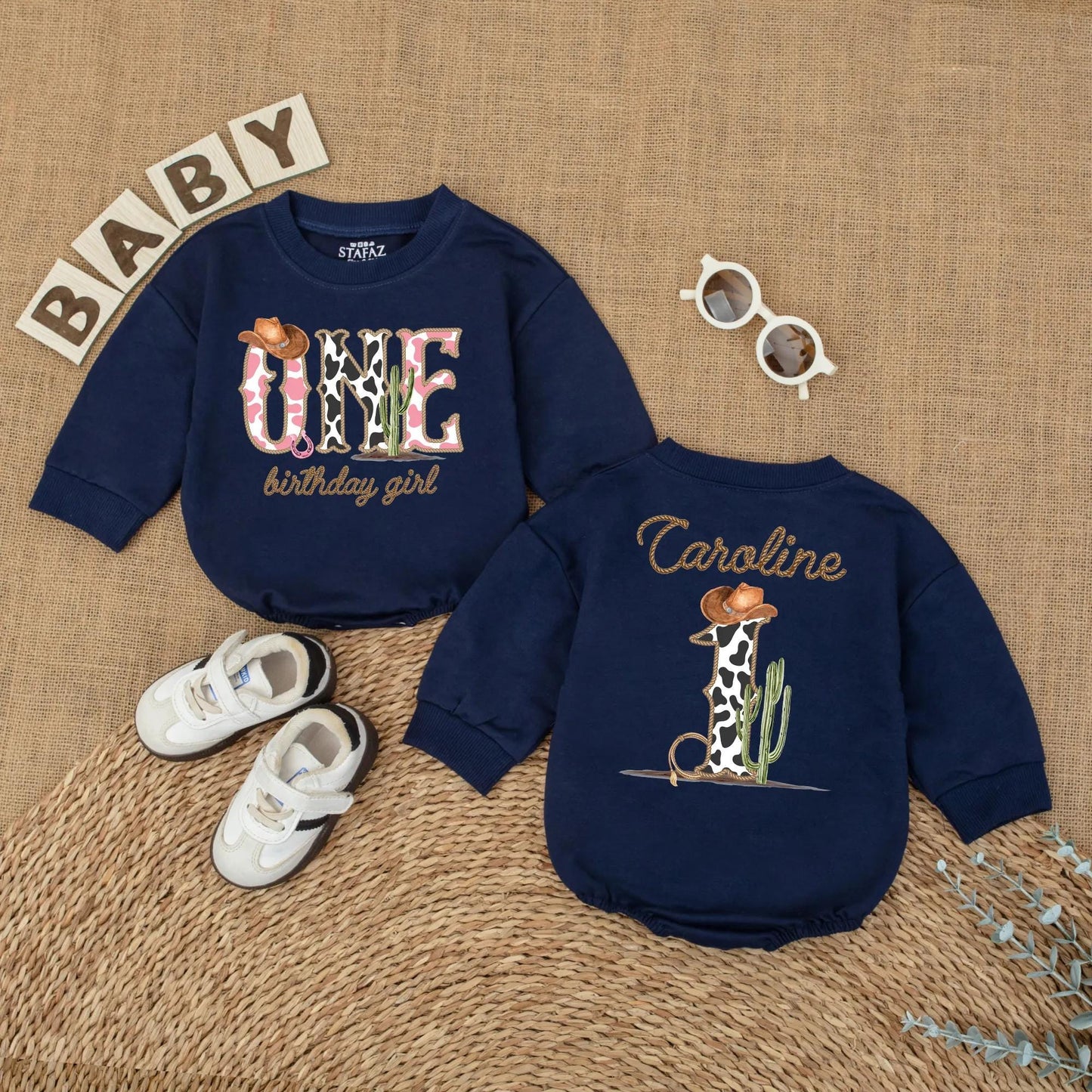Cowgirl One Birthday Girl Romper, My First Rodeo Outfit, Western 1st Birthday Bodysuit with Cow Print ONE, Cowboy Hat, Cactus, Horseshoe Gift