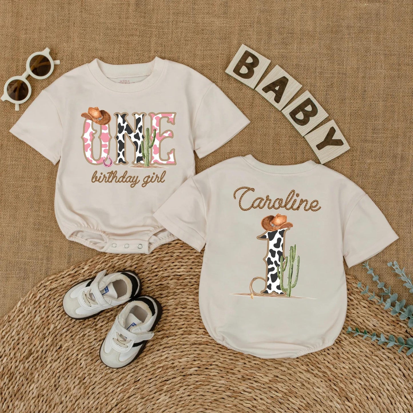Cowgirl One Birthday Girl Romper, My First Rodeo Outfit, Western 1st Birthday Bodysuit with Cow Print ONE, Cowboy Hat, Cactus, Horseshoe Gift