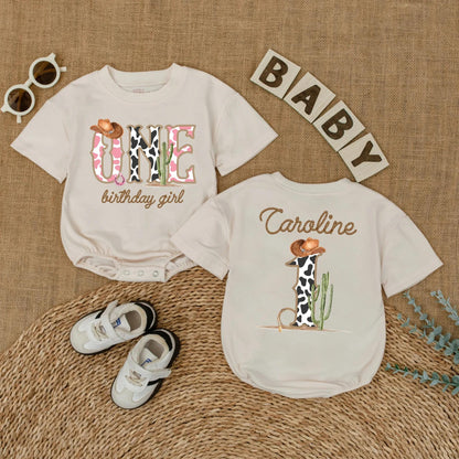Cowgirl One Birthday Girl Romper, My First Rodeo Outfit, Western 1st Birthday Bodysuit with Cow Print ONE, Cowboy Hat, Cactus, Horseshoe Gift