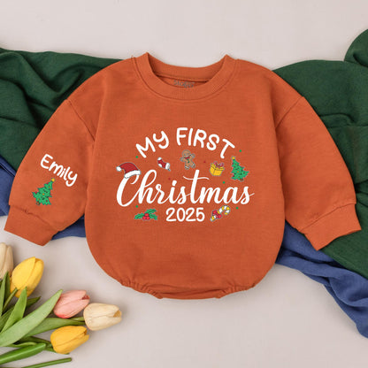 Personalized First Christmas 2025 Baby Romper, Custom Name Xmas Outfit with Santa & Tree, Newborn Winter Bodysuit, Holiday Gift (132 chars)