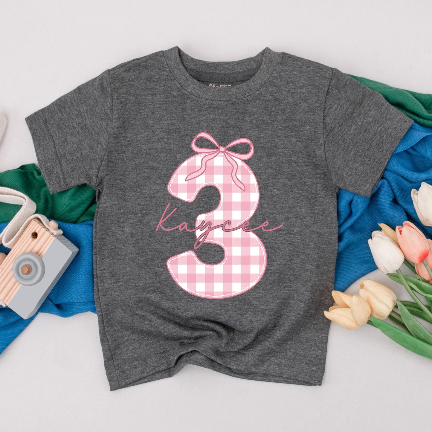 Kaycee's Pink Gingham '3' Birthday Tee Cute 3rd Birthday Girl Outfit Personalized Name Toddler Baby Party Gift