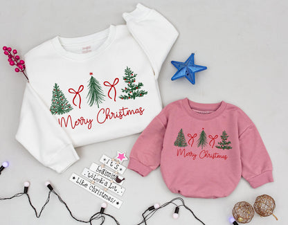 Family Christmas Matching Sweatshirt: Festive Tree & Bow Holiday Sweater, Trendy Xmas Gift Shirt, Merry Christmas Style, Winter Wear 139 chars