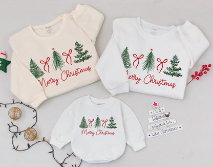 Family Christmas Matching Sweatshirt: Festive Tree & Bow Holiday Sweater, Trendy Xmas Gift Shirt, Merry Christmas Style, Winter Wear 139 chars