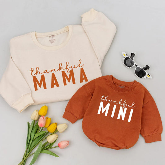 Matching Thankful Mama Fall Sweatshirts for Mom Baby Toddler Kids Cozy Autumn Family Thanksgiving Outfits Mommy and Me Clothes