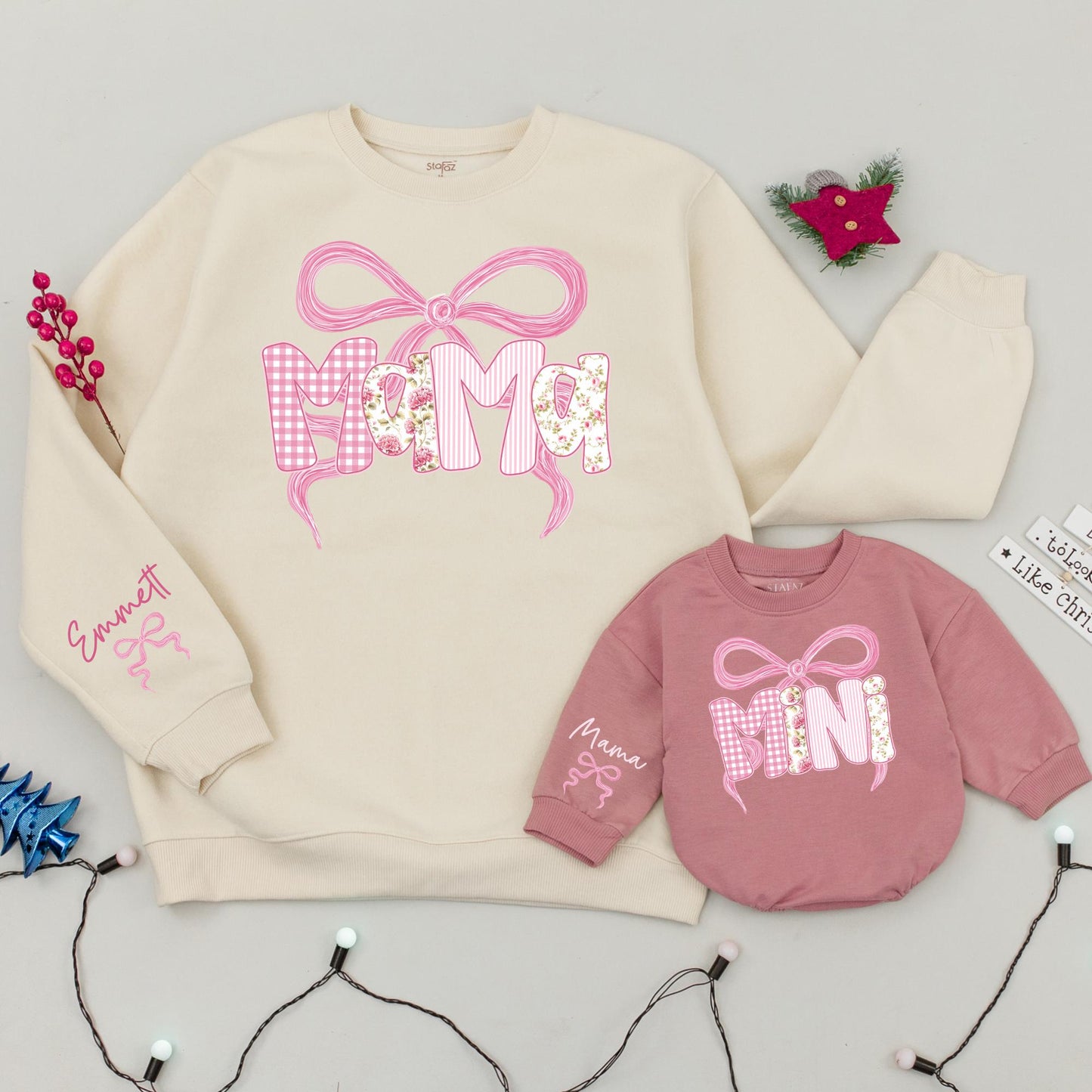 Matching Pink Bow Mama Mini Sweatshirts Custom Name Shirts Mom & Baby Gift Family Outfits Winter Pink Gingham Stripe Floral Design