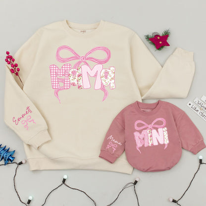 Matching Pink Bow Mama Mini Sweatshirts Custom Name Shirts Mom & Baby Gift Family Outfits Winter Pink Gingham Stripe Floral Design
