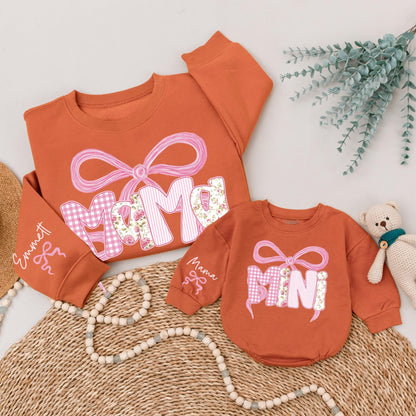 Matching Pink Bow Mama Mini Sweatshirts Custom Name Shirts Mom & Baby Gift Family Outfits Winter Pink Gingham Stripe Floral Design