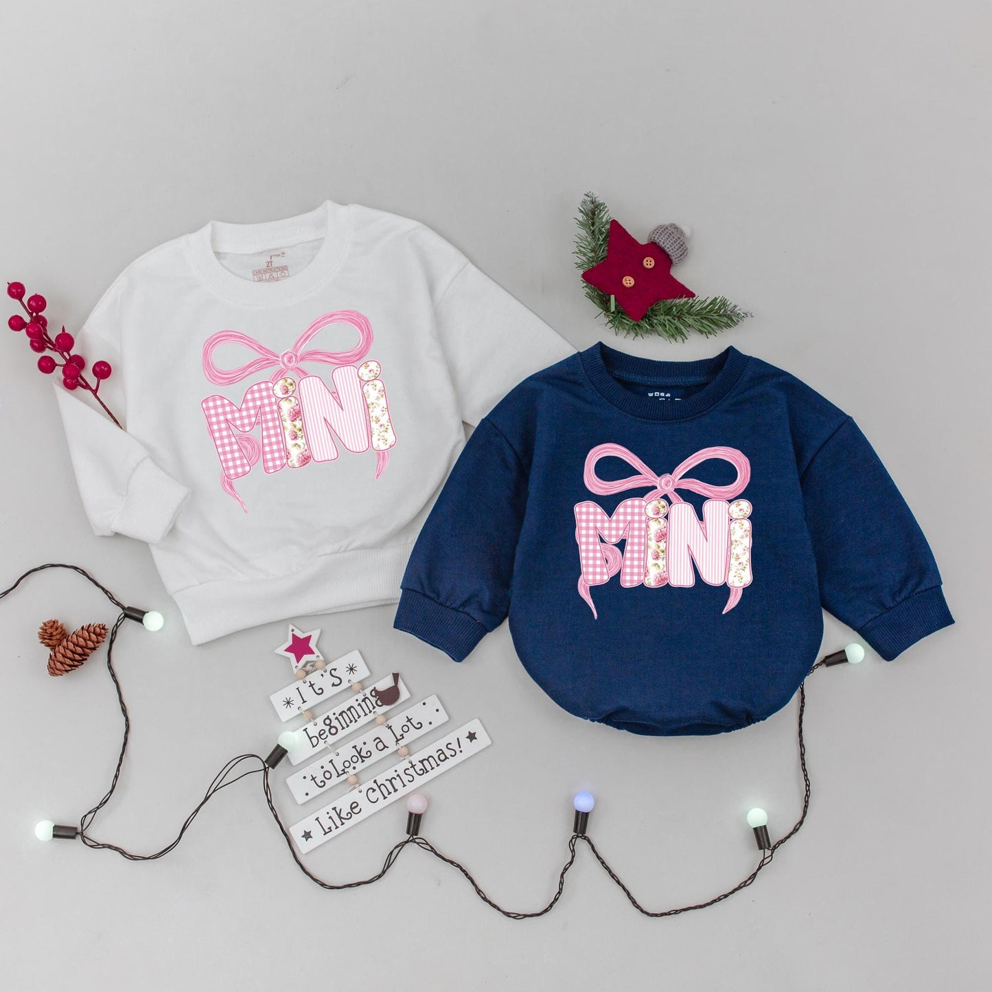 Matching Pink Bow Mama Mini Sweatshirts Custom Name Shirts Mom & Baby Gift Family Outfits Winter Pink Gingham Stripe Floral Design
