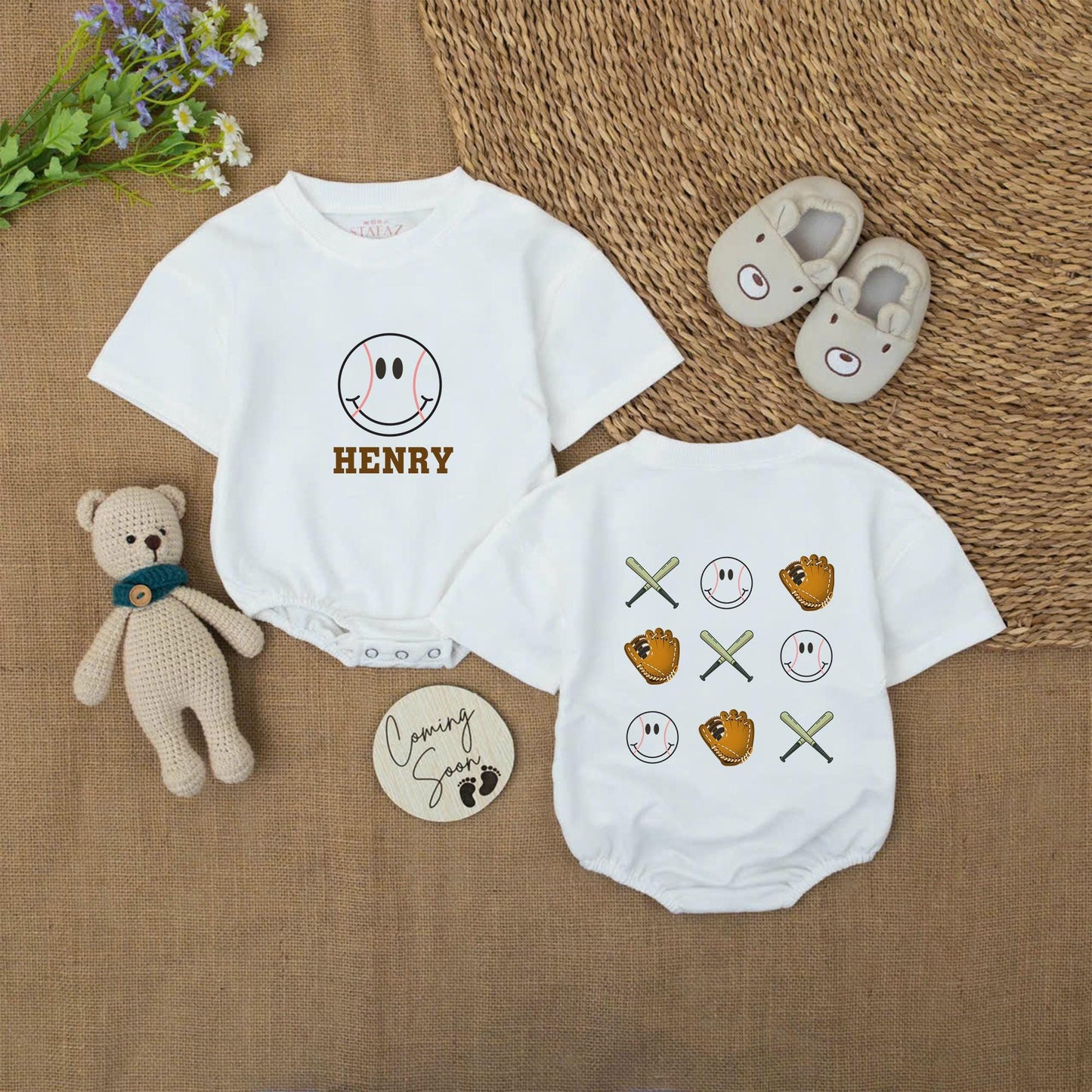 Custom Name Baseball Romper Smile Baby Bodysuit Cute Game Day Outfit Personalized Biggest Fan Little Slugger Baseball Season Short Sleeve Romper