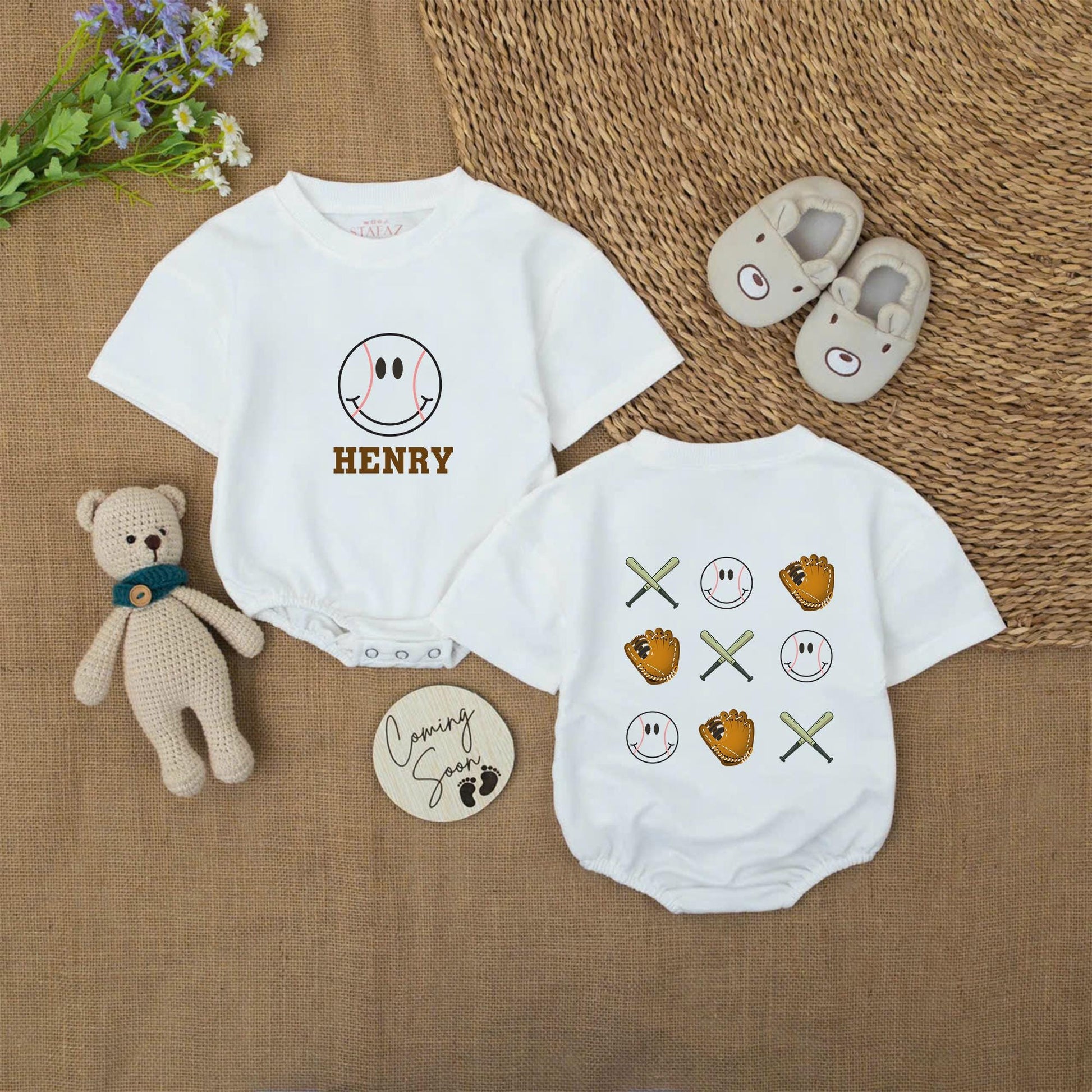 Custom Name Baseball Romper Smile Baby Bodysuit Cute Game Day Outfit Personalized Biggest Fan Little Slugger Baseball Season Short Sleeve Romper