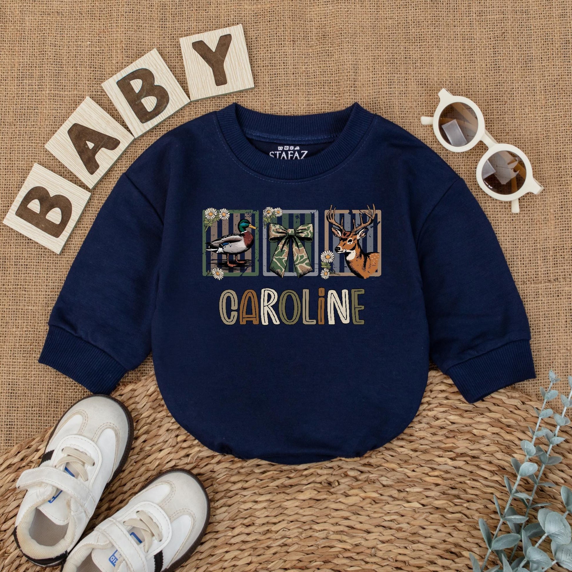 Custom CAROLINE Baby Girl Hunting Romper with Deer Duck Graphics Camo Ribbon Design Newborn Bodysuit Rustic Baby Shower Gift