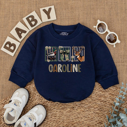 Custom CAROLINE Baby Girl Hunting Romper with Deer Duck Graphics Camo Ribbon Design Newborn Bodysuit Rustic Baby Shower Gift