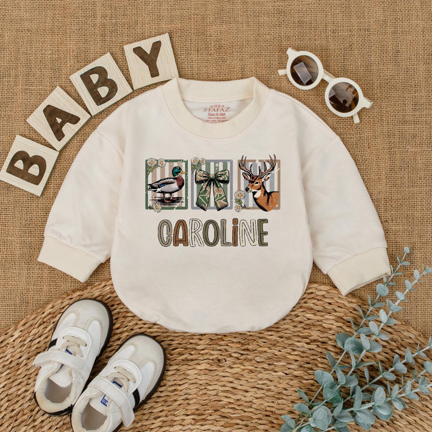 Custom CAROLINE Baby Girl Hunting Romper with Deer Duck Graphics Camo Ribbon Design Newborn Bodysuit Rustic Baby Shower Gift
